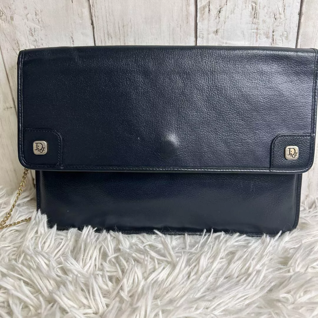 CHRISTIAN DIOR Sac à bandoulière chaîne logo rabat trotteur bleu marine x or quincaillerie Japon