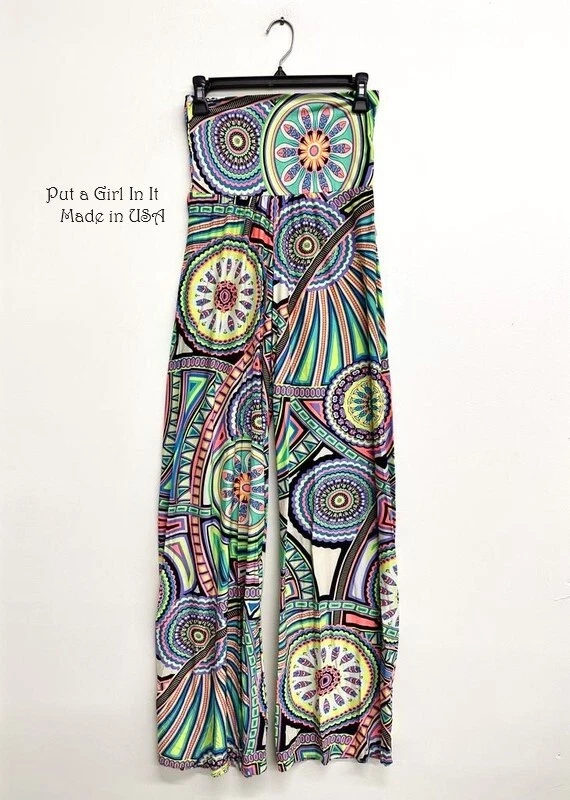 USA New Womens J UP HIGH WAISTED MULTI MEDALLION FLORAL BOHO PALAZZO PANTS S M L