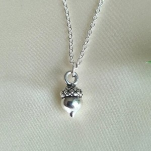 Authentic Plain 925 Sterling Silver Acorn Shape Pendant Chain 14K White Gold Plated