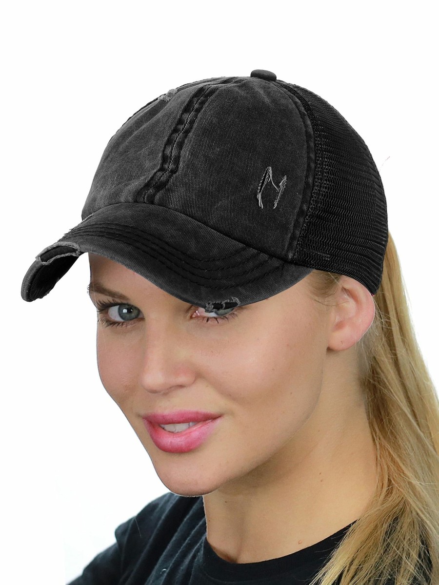 high bun distressed ponytail baseball cap
