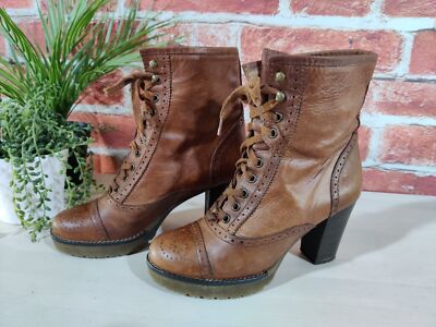 BERTIE SADDLE BROWN ANKLE BOOTS UK EU 37 LEATHER LACE UP HIGH BLOCK HEEL  WOMEN UK
