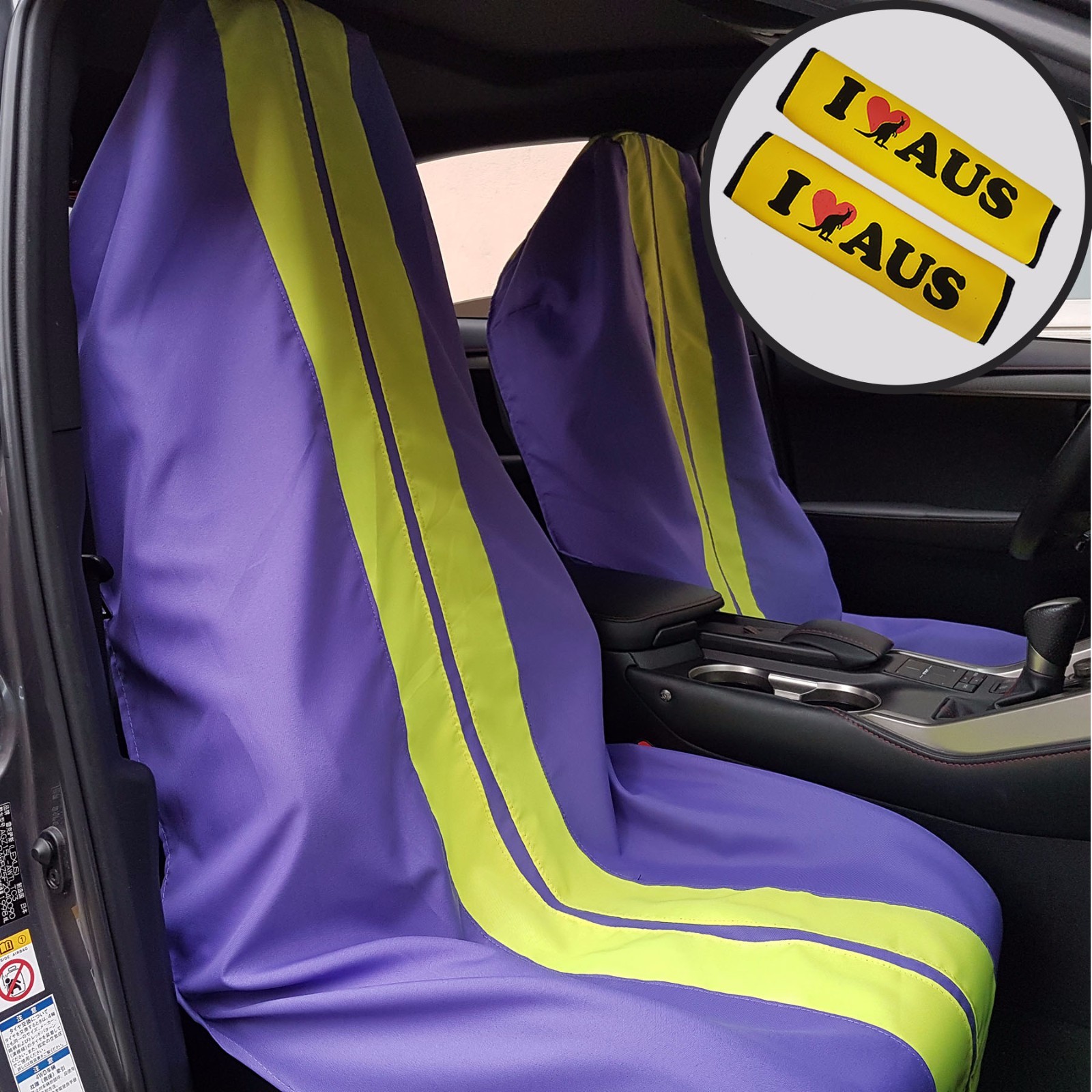 Purple Throw Over Slip On Car Seat Covers & Seat Belts Shoulder Pads