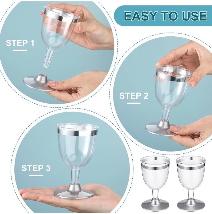 48 Pc Disposable Wine Glasses Plastic Champagne Flute Party Clear Silver Rim 5oz - Image 4 of 4