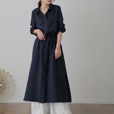 Women Midi Shirt Dress Long Sleeve Button Front Drawstring Pocket Casual Fashion