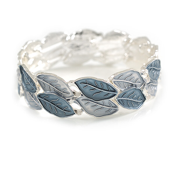Metallic Silver/ Grey Enamel Leafy Stretch Bracelet in Rhodium Plated Finish --image