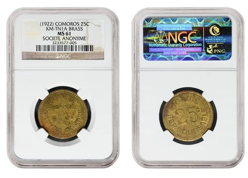 COMOROS 25 Centimes Token ND(1922) Brass NGC MS61 'Anonymous Society'