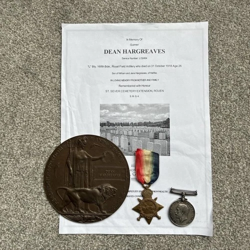 WWI Medal Pair & Death Plaque To  - HARGREAVES -  R.A. - ST.SEVER -  Ref 1100
