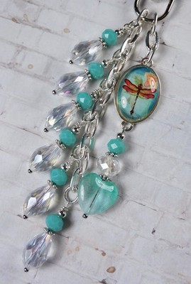 Dragonfly Heart Teardrop Purse Charm Bag Clip Aqua Clear Silver Handmade New