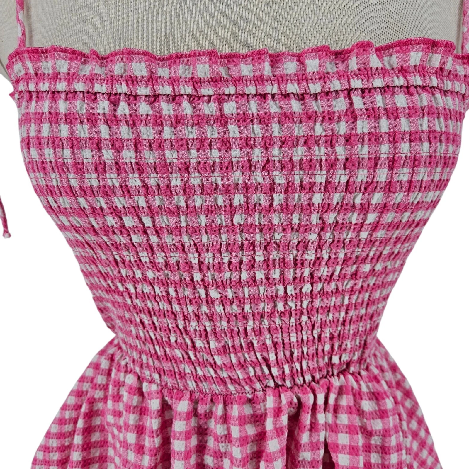 VALENTINO Abito svasato Zara a strati aderente rosa gingham senza maniche scollo quadrato smoked medio