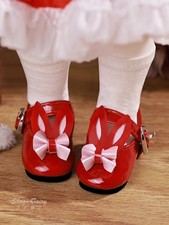 1/6 Red Round-toed Flat Leather Shoes With Metal Buckles And Bows Fit BJD Doll