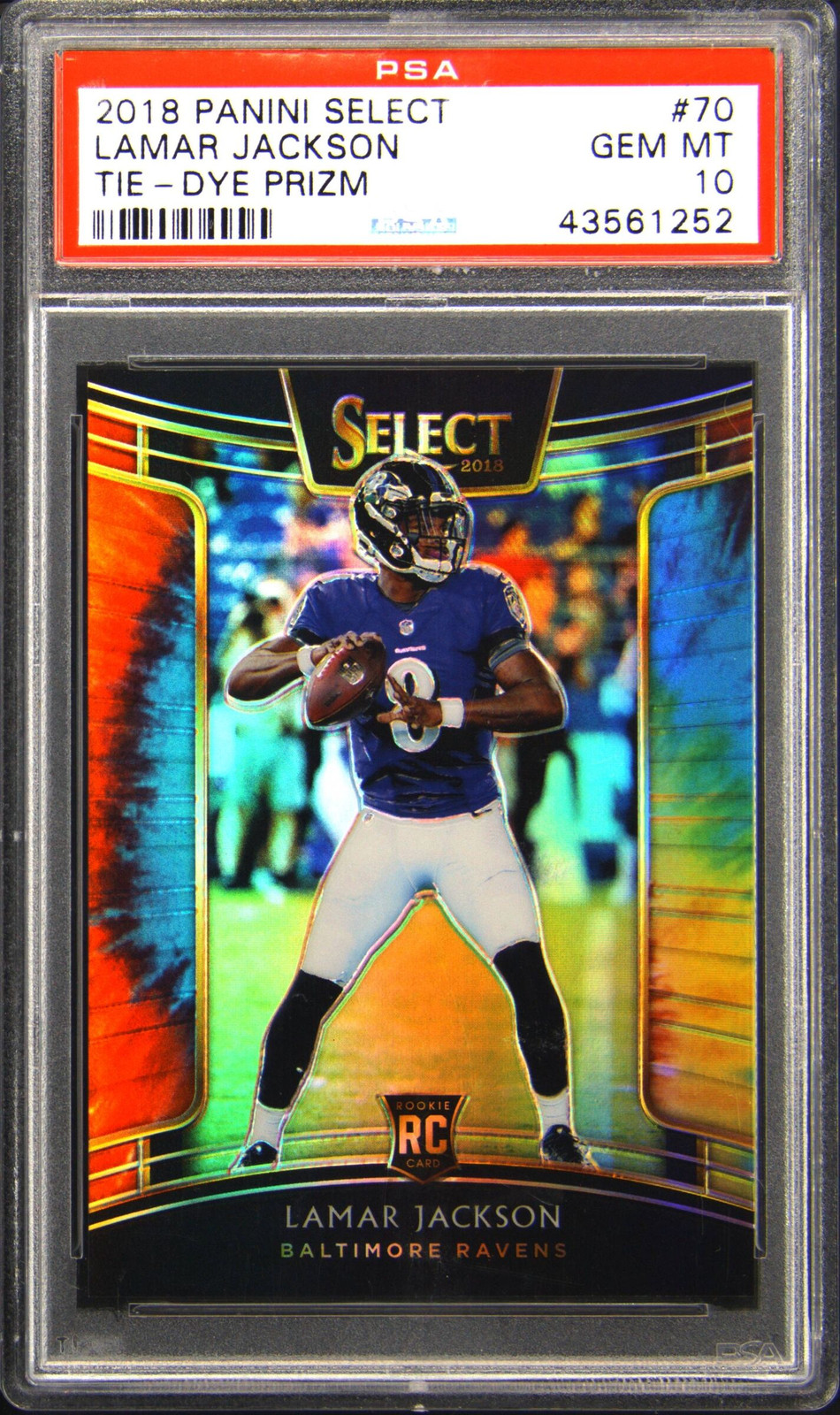 2018 PANINI SELECT TIE-DYE PRIZM #70 LAMAR JACKSON ROOKIE RC #/25 PSA 10