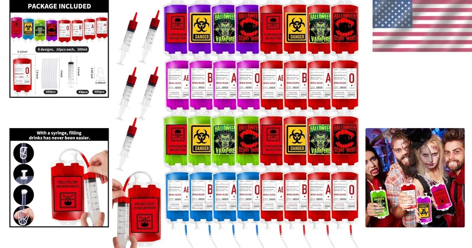 Halloween Blood Bag Props 80 Pack Spooky Party Supplies Zombie Vampire - Image 2 of 4