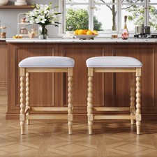 Set of 2 Bar Stools Upholstered Counter Height Chair w/ Acacia Frame Padded Seat