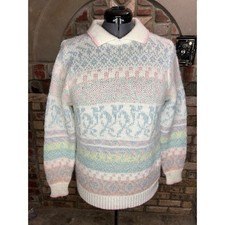sweater patterned geometric leaves vintage 1980s pastel collared
