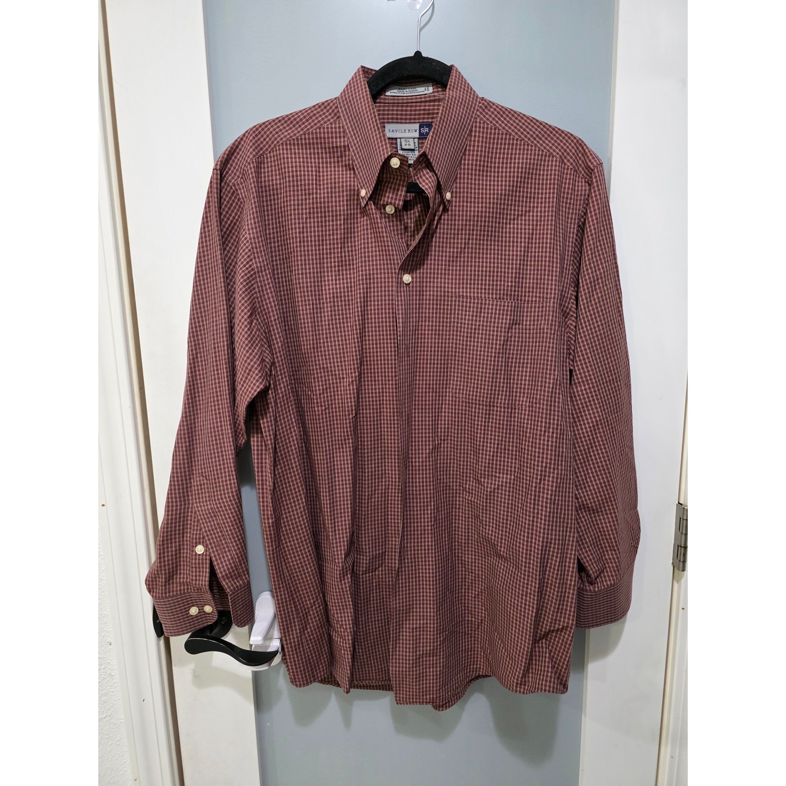 Camicia Savile Fila 15 5 Borgogna Plaid Bottoni Manica Lunga Classica Uomo