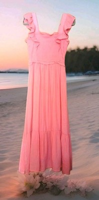 Smocked Midi Dress Coral Pink August Sky Cottage Core BoHo  Size Small