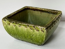 LIME GREEN GLAZED CRACKLE STONEWARE SQUARE PLANTER RUSTIC PRIMITIVE TUSCAN