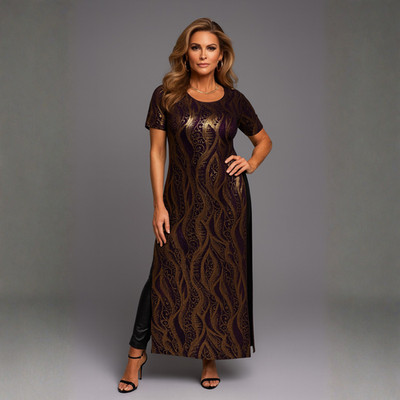 ROCKTHOSECURVES WOMENS MAXI LONG TOP PURPLE SPARKLY SHORT SLEEVE SIDE SPLITS