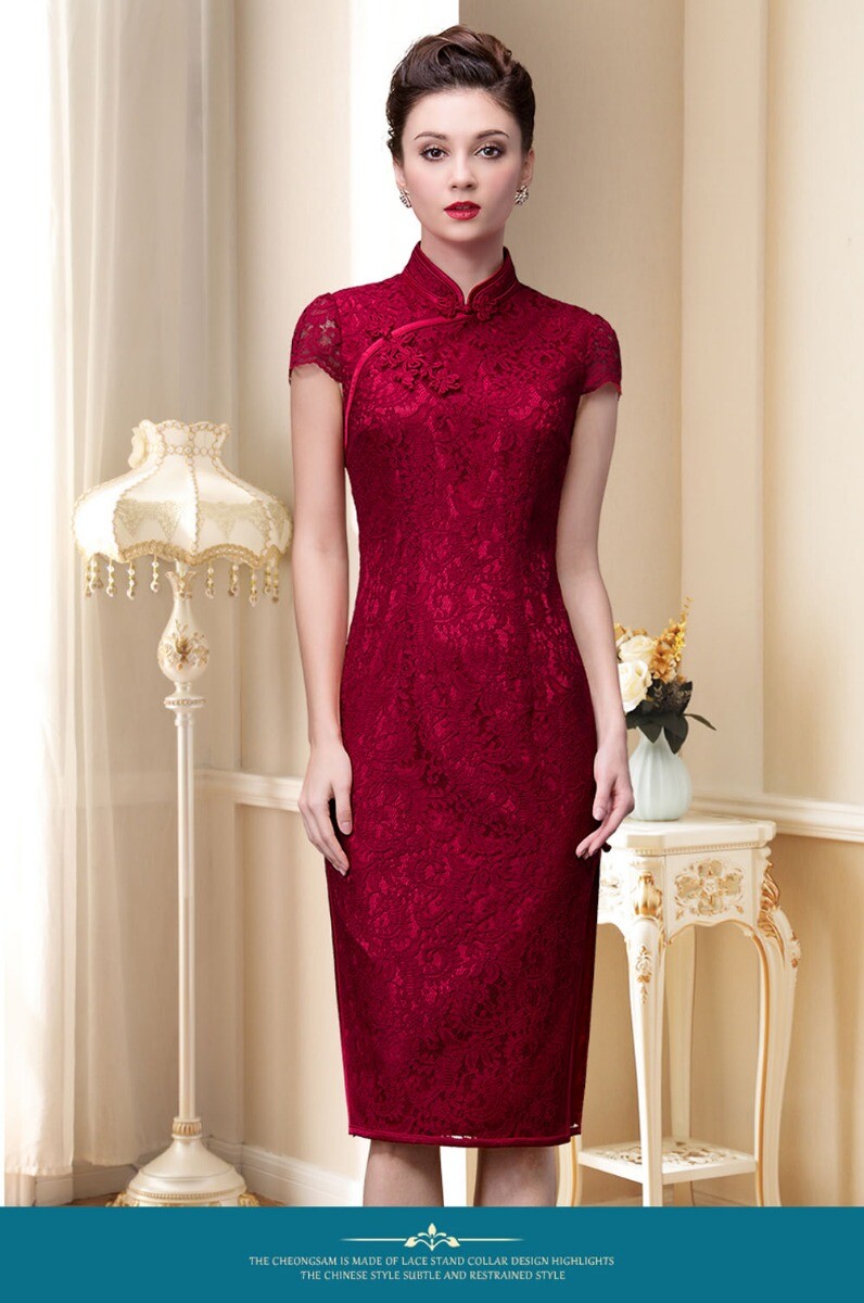 red lace chinese dress Red Lace Sleeveless Qipao Chinese Wedding Dress