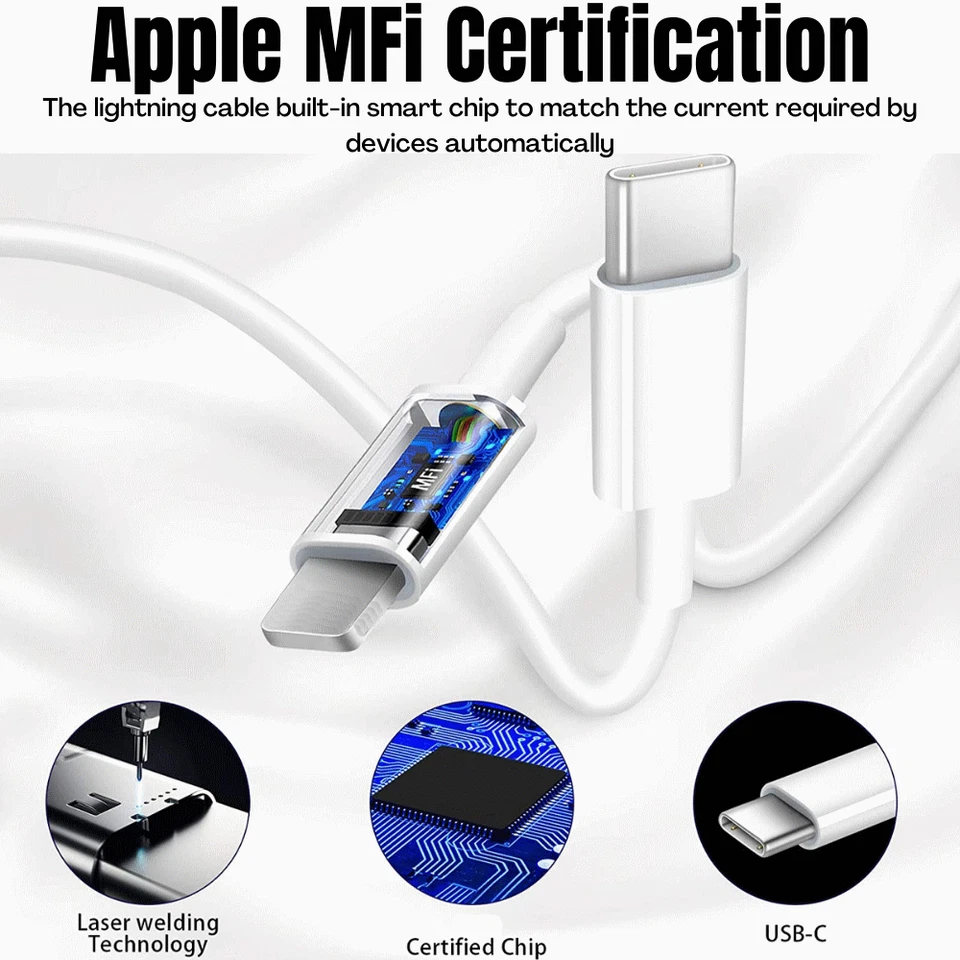 Paquete de 2 cables adaptadores de alimentación cargador USB-C rápido de 20 W de 6 pies para iPhone 14 13 12 11 8 Foto 4 de 4