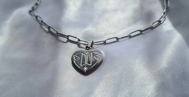 BTS Heart Necklace Paperclip Chain Stainless Steel Sterling Silver BTS Jewelry