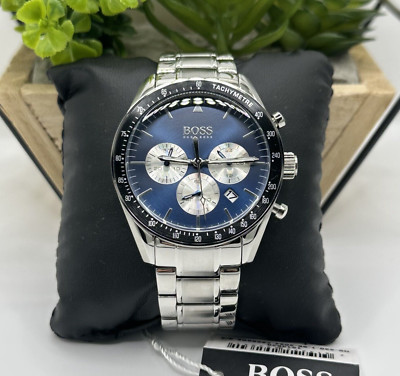BOSS HERREN UHR 1513630 EDELSTAHL SILBER ARMBAND BLAUES ZIFFERBLATT SILBER GEHÄUSE