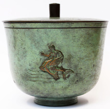 Bronze Dose Deckeldose Italien Meerjungfrau Delfin signiert IAMA &Oslash; 14 cm H.13 cm