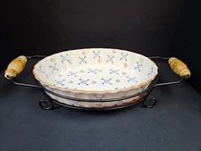 Temp-tations Blue & Tan Small Oval Baker w Wire Wicker Basket Ceramic Handles 12