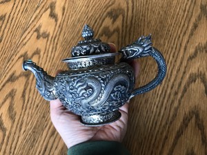 Antique Silver Chinese Dragon Teapot Repoussé and chasing 1900 Museum-quality