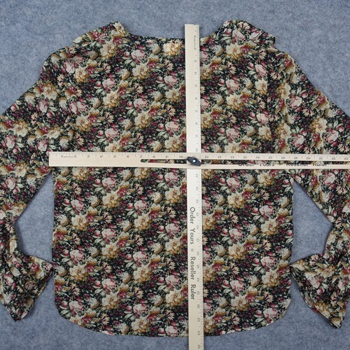VINTAGE Wrapper Top Womens Medium Black Peasant Prairie Floral Blouse Bohemian - Picture 8 of 12