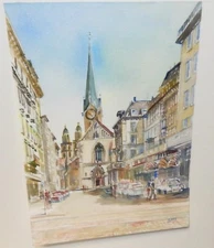 TORRI J. BREU "ZURICH POSTSTRASSE " ORIGINAL WATERCOLOR STREET SCENE PAINTING