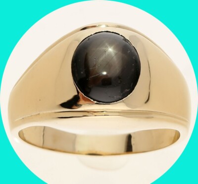 Mens Vintage Natural Black Star Sapphire Ring 14K Yellow