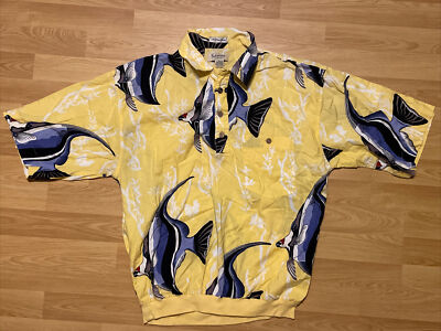 Vintage Sauce By Berne Angel Fish Yellow Unisex Polo Large Hawaiian 