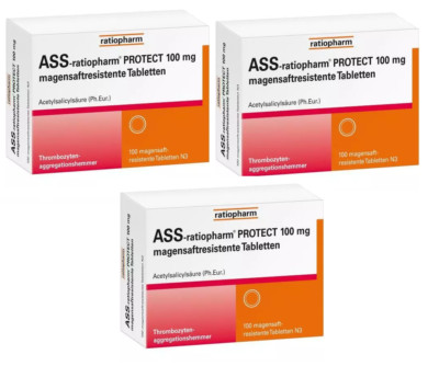 3x ASS-ratiopharm PROTECT 100mg  100 magensaftresistente Tabletten PZN: 15577596