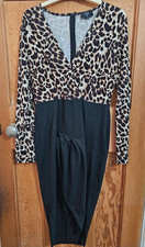 AX Paris Leopard Print V-Neck Bodycon Midi Dress Long Sleeve Black/Beige UK 14