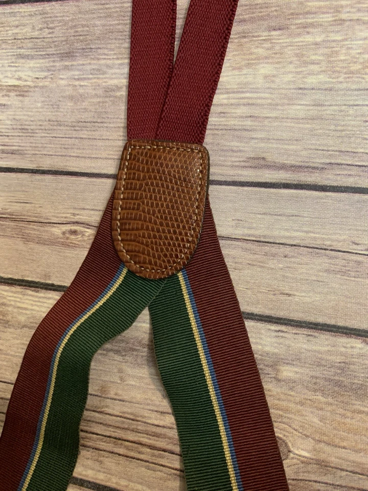 Tirantes elásticos de cuero y latón vintage a rayas verdes rojas Cole Haan para hombre Foto 4 de 4