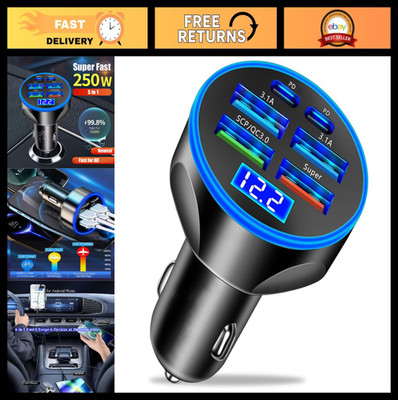 6-in-1 USB C Car Charger Adapter with Voltage Display, 250W Multi-Port Fast Char