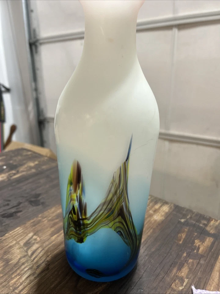 Матовая белая стеклянная ваза зеленый желтый завиток красный ободок 12 дюймов китайский художественный декор - Изображение 2 из 4