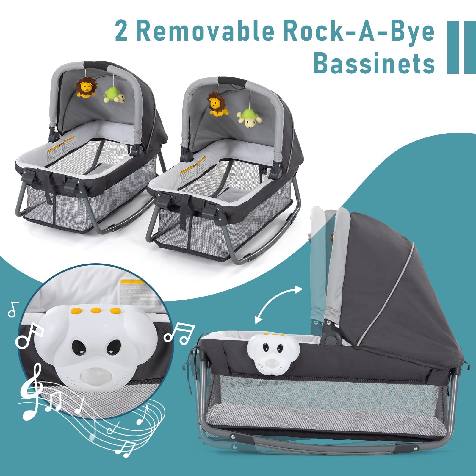 Twin Bassinet & Full-Size Infant Bassinet & Playard for Baby, Includes 2 Remo...