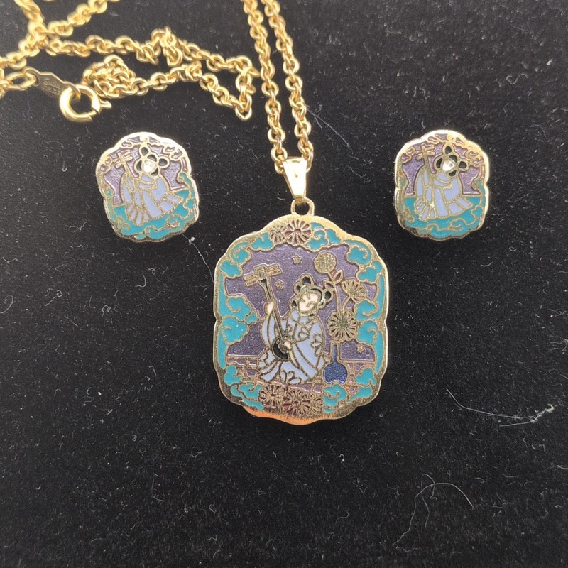 Speidel Signed 10K Gold Filled Purple Blue Enamel Pendant Necklace Earring Set