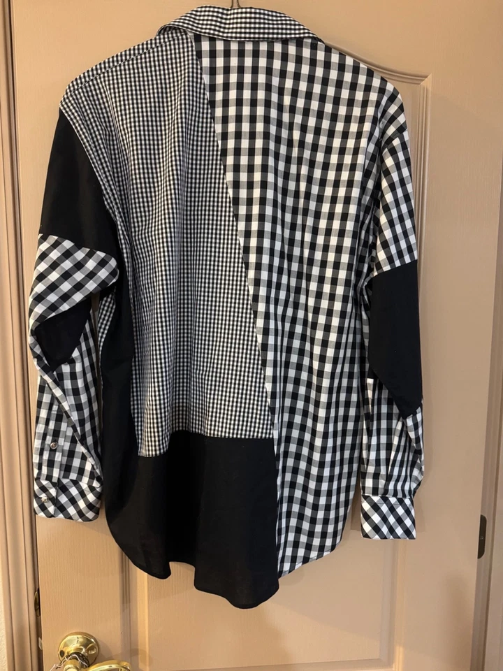 全新 Roberto Cavalli 男式黑白拼接格子棉衬衫 48 码 — 第 2/4 张图片