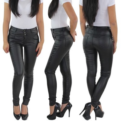 Damen Röhren Skinny High Waist Biker Hose Kunstlederhose Leder Optik Hochbund 