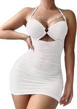 Sexy Chain Sheer Mesh Ruched Bodycon Mini Lingerie Dress with Thong 2 Piece Set 