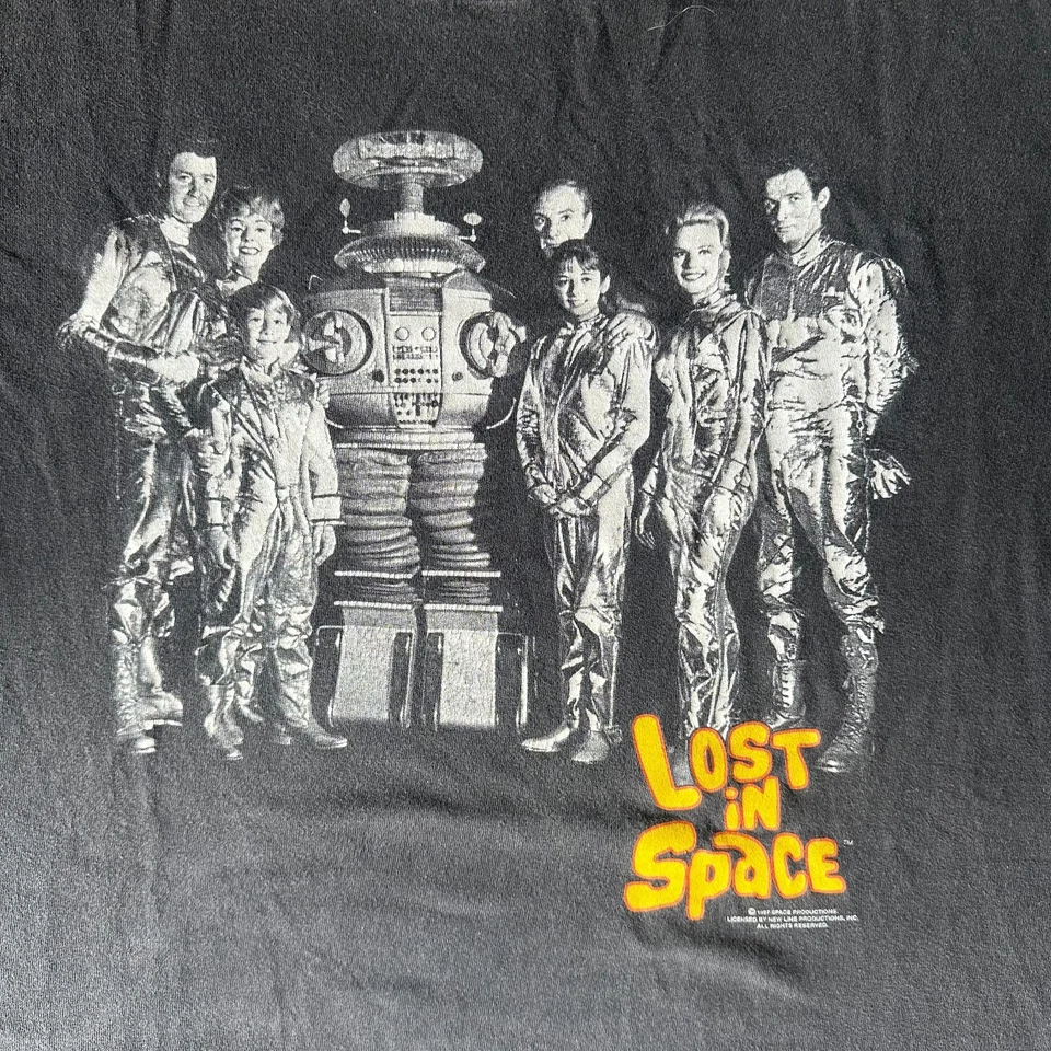 Винтажная футболка Lost In Space TV Show черная литая графическая научно-фантастическая 21,5x29 - Изображение 2 из 4