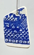 Tumbled Sea Glass Pottery Drilled Pendant Blue Willow Japanese Person lot1638