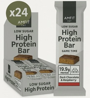AMFIT NUTRITION Low Sugar High Protein Bars, Dark Chocolate Raspberry Flavour, 60g, Pack of 24