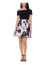 BETSY & ADAM Womens Black Fitted Short Sleeve Short Fit + Flare Dress 4