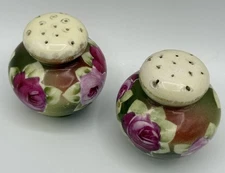 Vintage Pink Roses  Hand Painted Porcelain Salt And Pepper Shaker Set