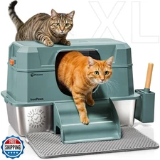 Stainless Steel Cat Litter Box with Lid - XL 3-in-1 Design for Indoor Cats - 