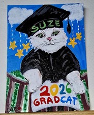 Original ACEO Gato Blanco Graduación Escolar Miniatura Dulce María Rico "GRADCAT"